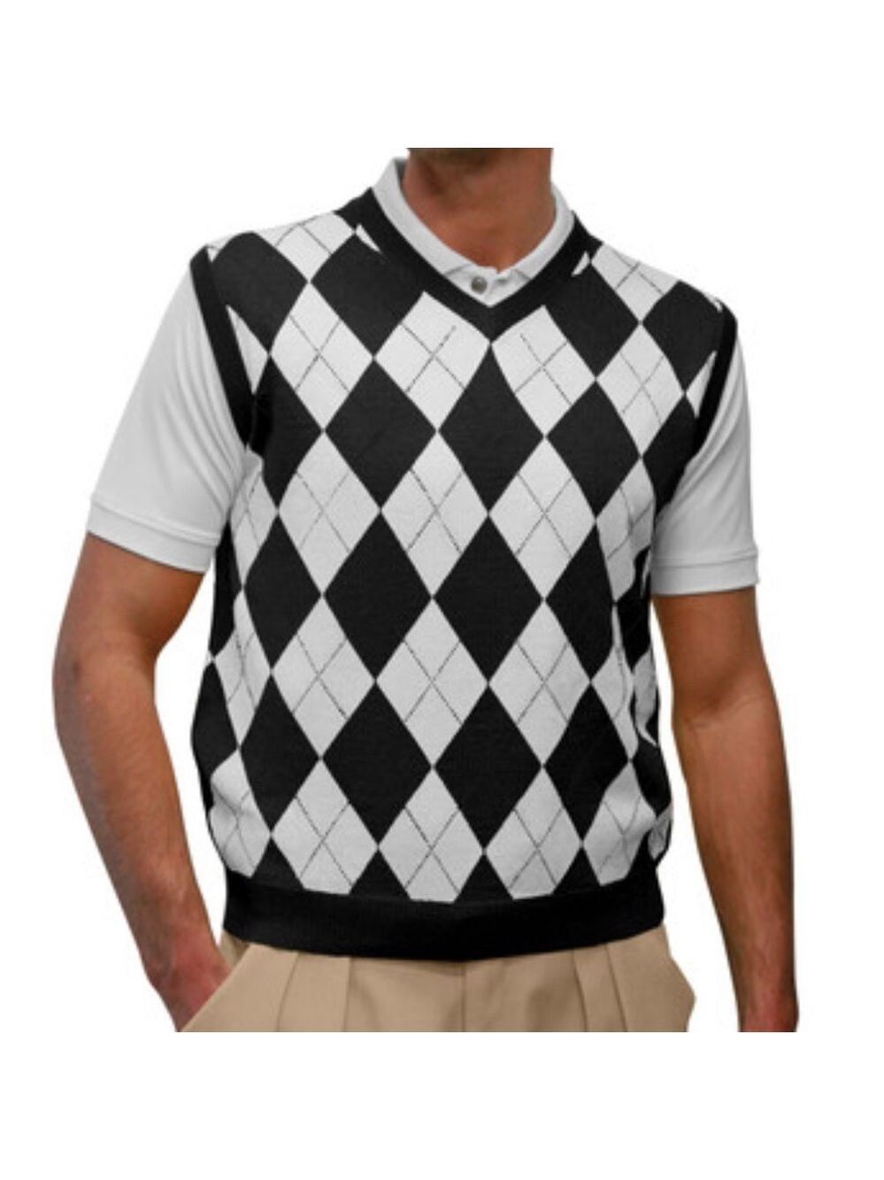 VINTAGE BLACK & WHITE ARGYLE MENS SWEATER VEST Collegiate, preppy, academia